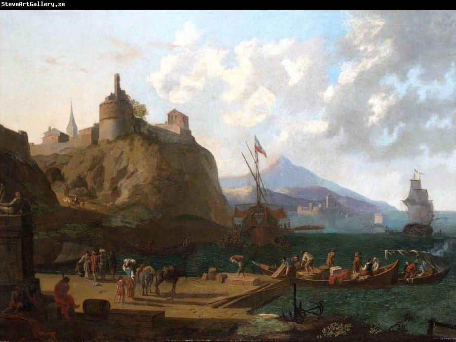 Adriaen Coorte A  mediterranean harbour scene with numerous figures on a que beneath a fort